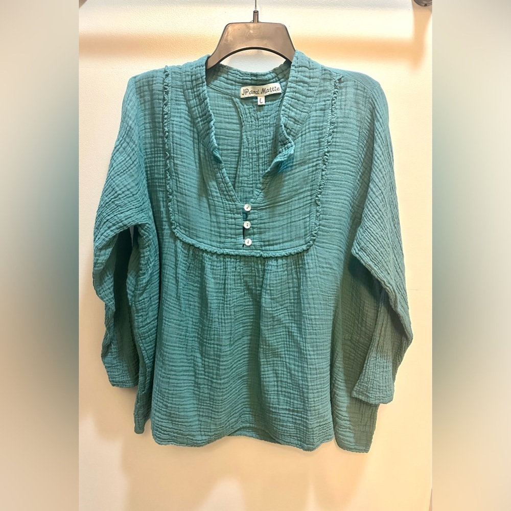 JP and Mattie Green Gauze Cotton Lagenlook 3/4 Sleeve Top Size Large